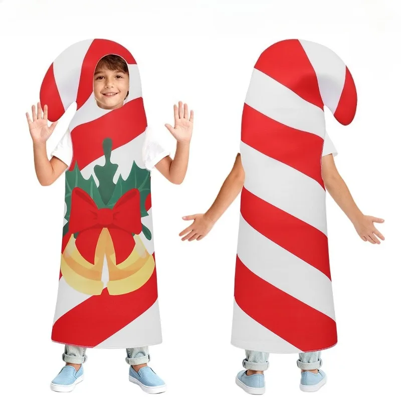 

Christmas Cane Candy Cosplay Costume Santa Claus Prop Gingerbread Man Sponge Suit Funny Jumpsuit for Girls Boys Xmas Party