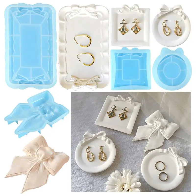 Bowknot Storage Tray Clay Silicone Molds Jewelry Display Pan Epoxy Resin Molds Rectangle Candle Cup Coaster Gypsum Plsater Mould