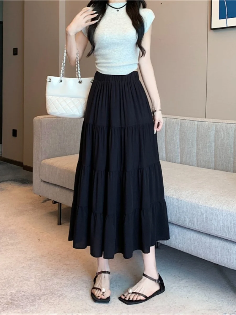

plus Size High Waist White Cake Skirt Ele Ladylike Women's Faion Spring Summer 2024 A-Line Midi Skirt Pure Color
