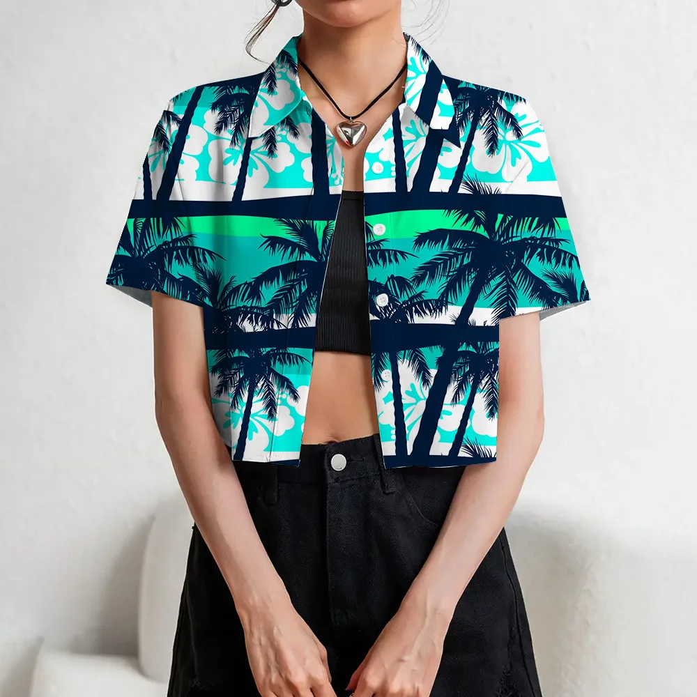 Hawaii Beach Short Sleeves Summer Vacation Fashion Botton Super-short Shirts Lapel Shirts Women Clothing Crop Top Shirts S-XL