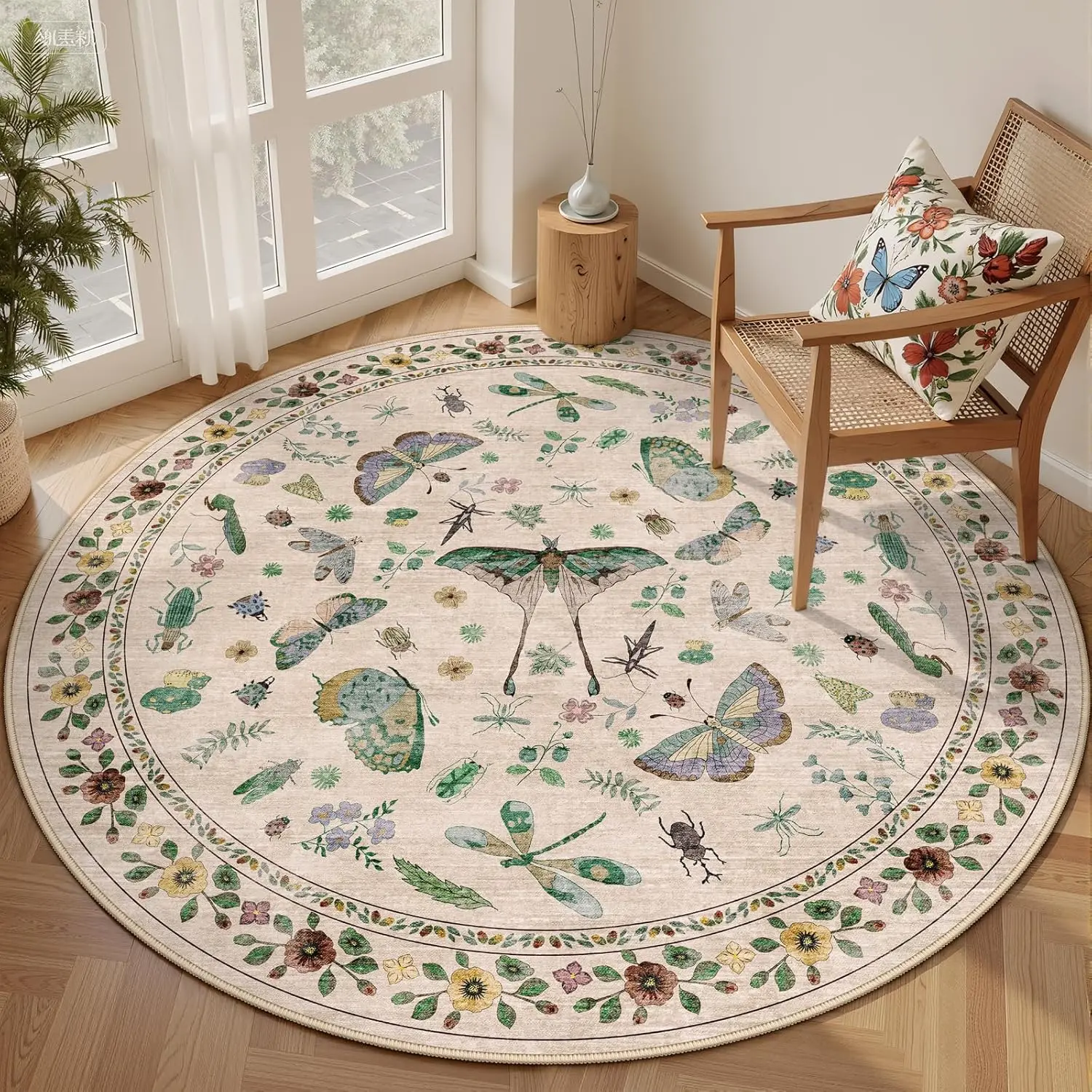 Round Floral Rug, Non-Slip Low Pile Floor Mat for Living Room or Bedroom, Soft Ultra-Thin Carpet for Home Use