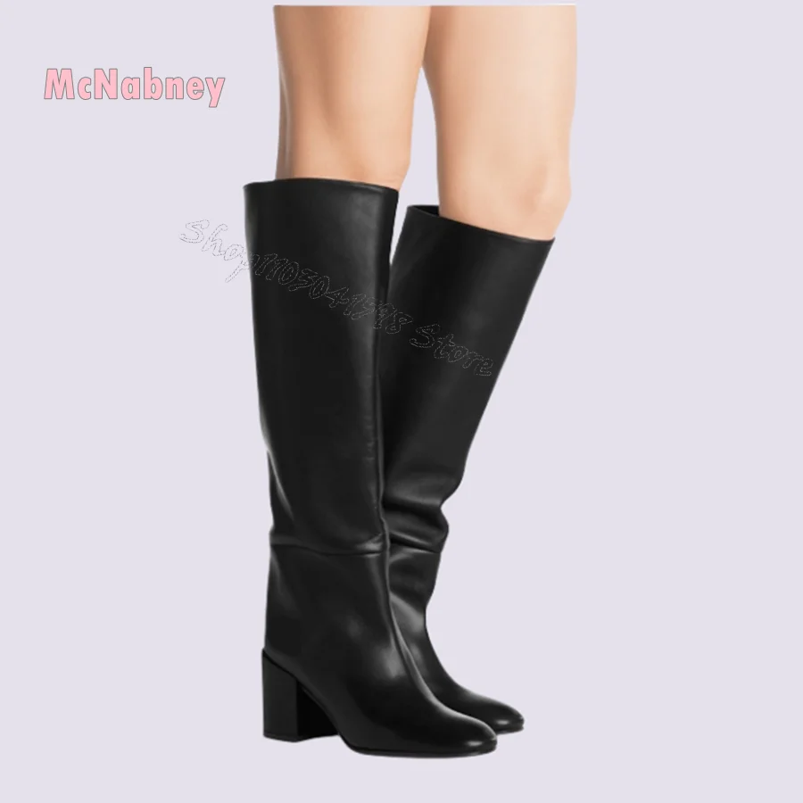 Black Leather High Heel Boots Round Toe Chunky Knee High Boots for Women Fashion Camping Party Boots2024 New Zapatos Para Mujere