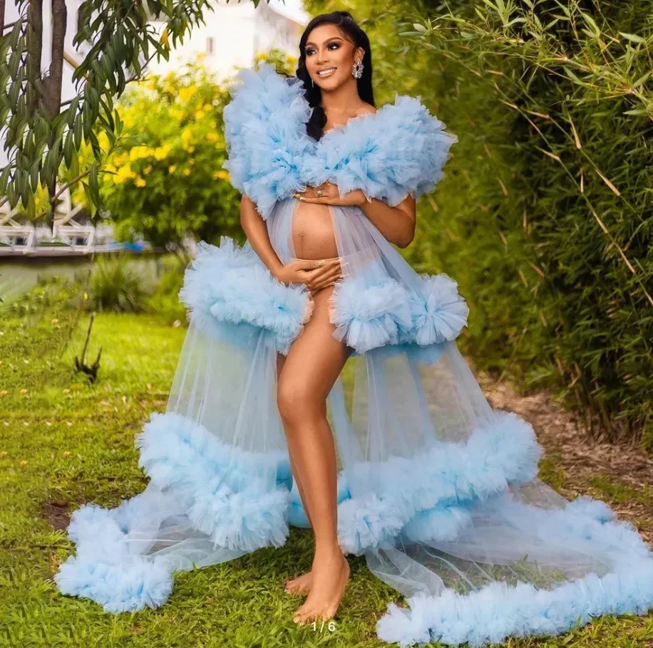 Blue Women Robe for Photoshoot Tulle Ruffles Maternity Gowns Open Front Pregnant Dress Wedding Bridal Boudoir Sleepwear Bathrobe