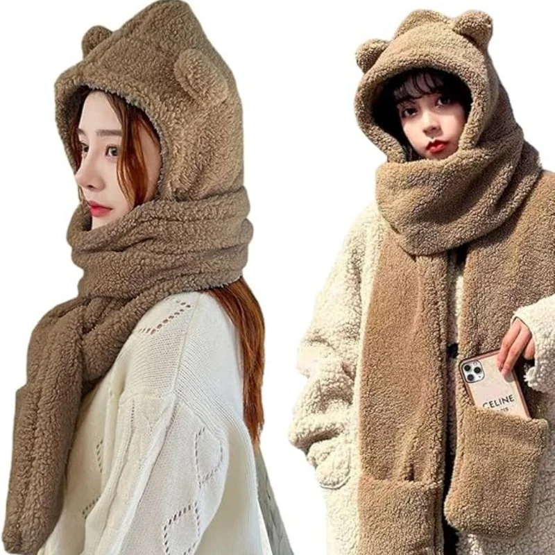 SIMPLEJEWEL™ Women Cute Bear Hoodie Hat Scarf Gloves Set 3-in-1 Earflap Fleece Hat Plush Warm Winter Hat image 3