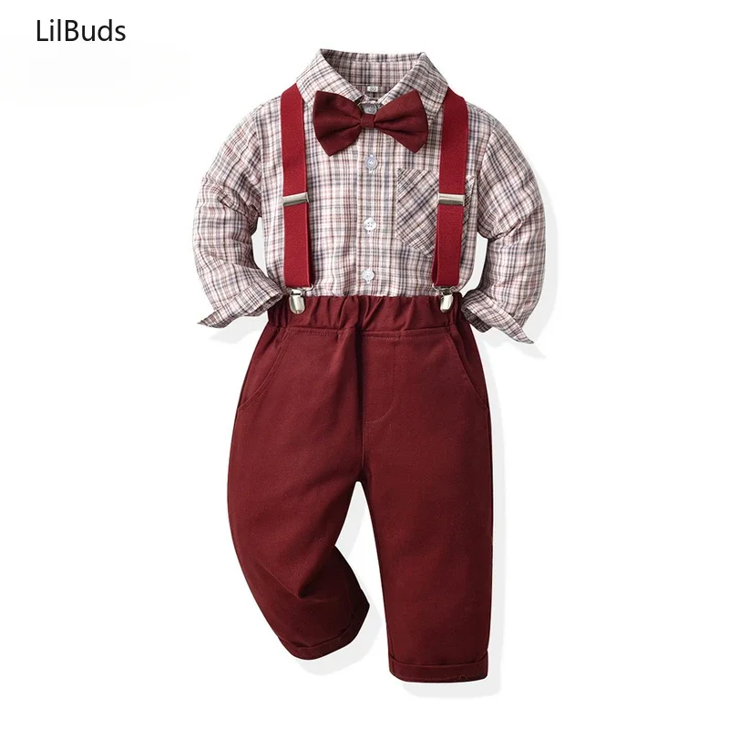 

2024Children Fashion Toddler Kids Boy Gentleman Clothing Set Casual Costume Long Sleeve Plaid Shirt with Bowtie+suspenders Pants