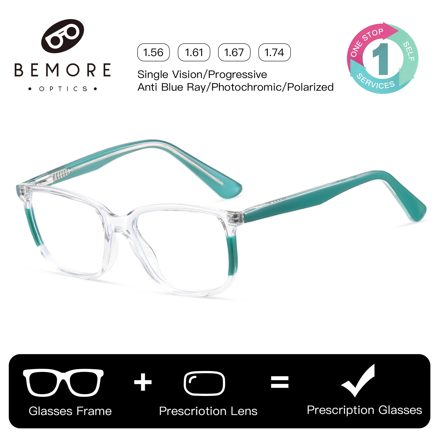 

BEMORE Square Prescription Glasses Girls Acetate Photochromic Anti Blue Light Optical Children Myopia Eyeglasses