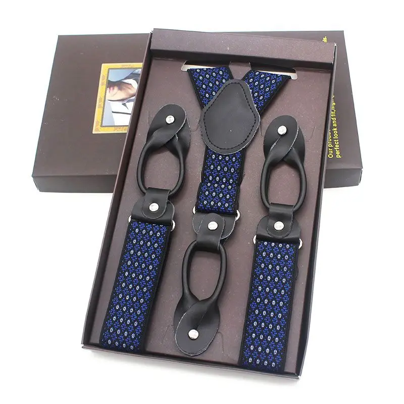 Vintage Suspender Men 3.5cm Width Button End Black Leather Trimmed Y Back Adjustable Elastic Trouser Brace Strap Gift Box Packed