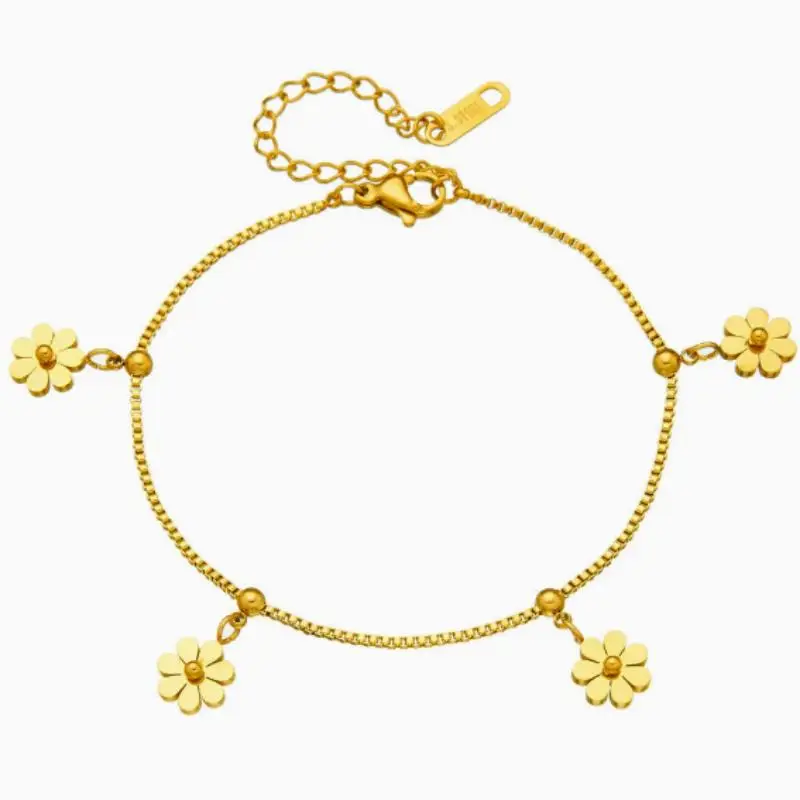 Niche Design Daisy Stainless Steel Anklet, 18K Gold Plated Color Retention Foot Jewelry for Women