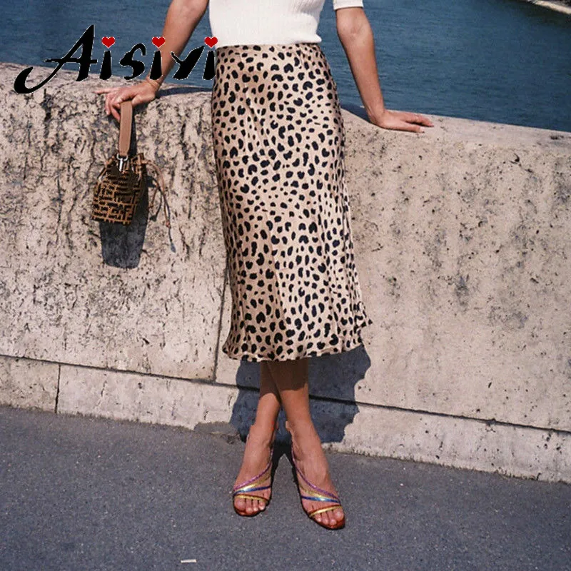 

Women's Leopard Silk Satin Skirt Vintage Sexy Slim Wild Long High Waist Midi Skirt for Women A-Line Elegant Skirts Summer