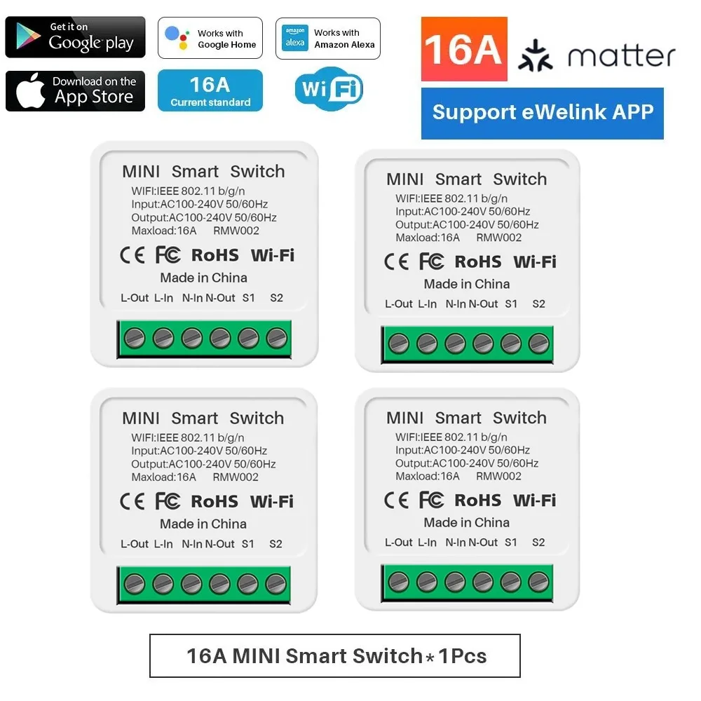 

Mini Matter WiFi Smart Switch Breaker Smart Home Automation Relay Module 16A Tuya Smart Life APP Works with Homekit Alexa Google