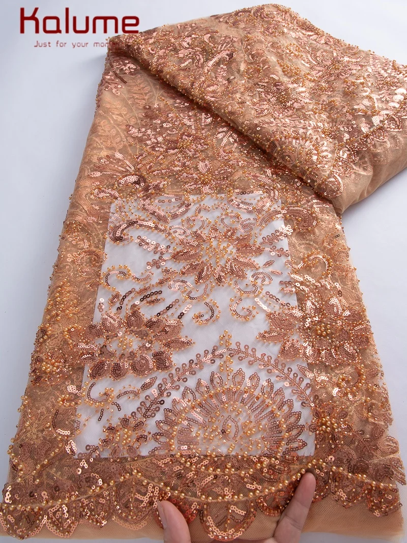 

Kalume 2025 African Lace Fabric Soft French Mesh Net Lace Fabric Party Nigerian Tulle Lace With Sequins Beads For Wedding F4414