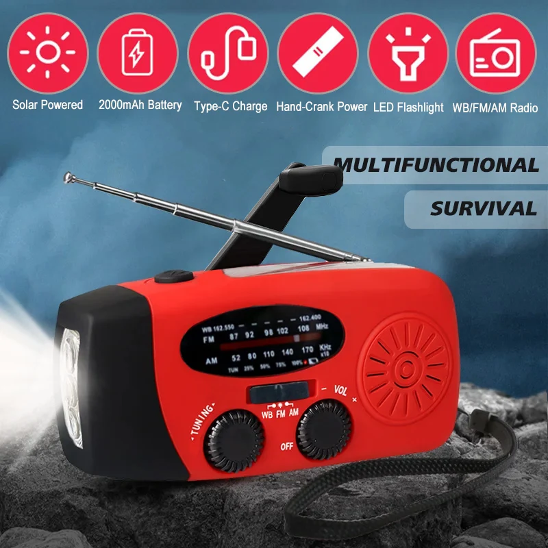 Outdoor Multifunctional Radio Hand Crank Dynamo Solar Powered Weather Radios NOAA/AM/FM Emergency LED Flashlight Power Bank
