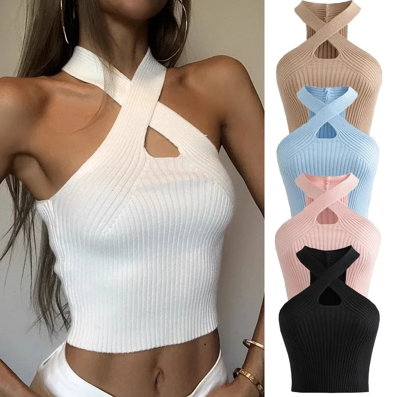 

Korean Y2K Tops Sexy Cross Neck Hollow Short Open Umbilical Knitted Vest Slim Fit Elegant Fashion Solid Color Versatile Elastic