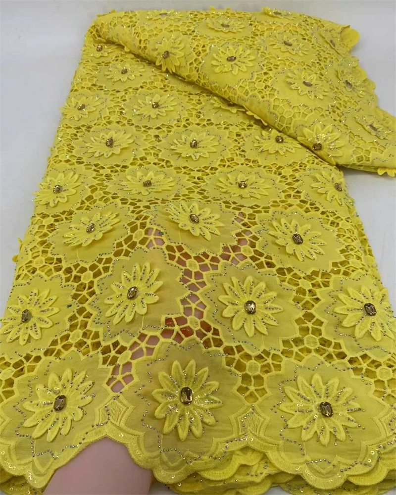 

African Milk Silk Cord Lace Fabric Quality Lace 5 Yards Nigerian French Mesh Lace With Beads For Wedding Dress Sewing