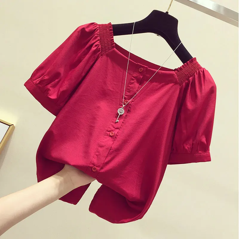 

Solid Square Collar Women Shirts Summer New 2024 Short-Sleeved Solid Office Lady Elegant Outwear Tops