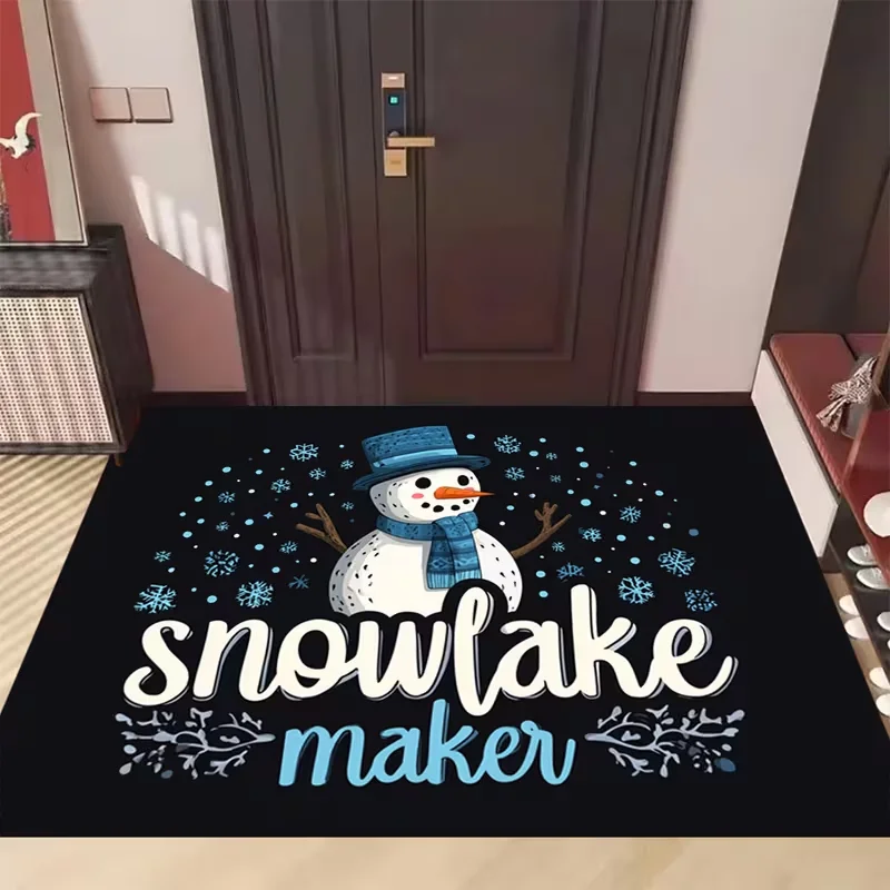 Rectangle Blue Snowman Snowflake Print Christmas Doormat Non Slip Xmas Entry Mat Indoor Front Door Festive Decor Floor Rug
