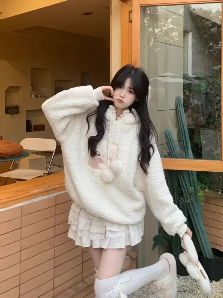 Deeptown Kawaii Tavşan Hoodies Kadınlar Tatlı Japon Cutecore Kuzu Yünü Kazaklar Sıcak Kış Polar Tişörtü Gevşek Yumuşak Kız