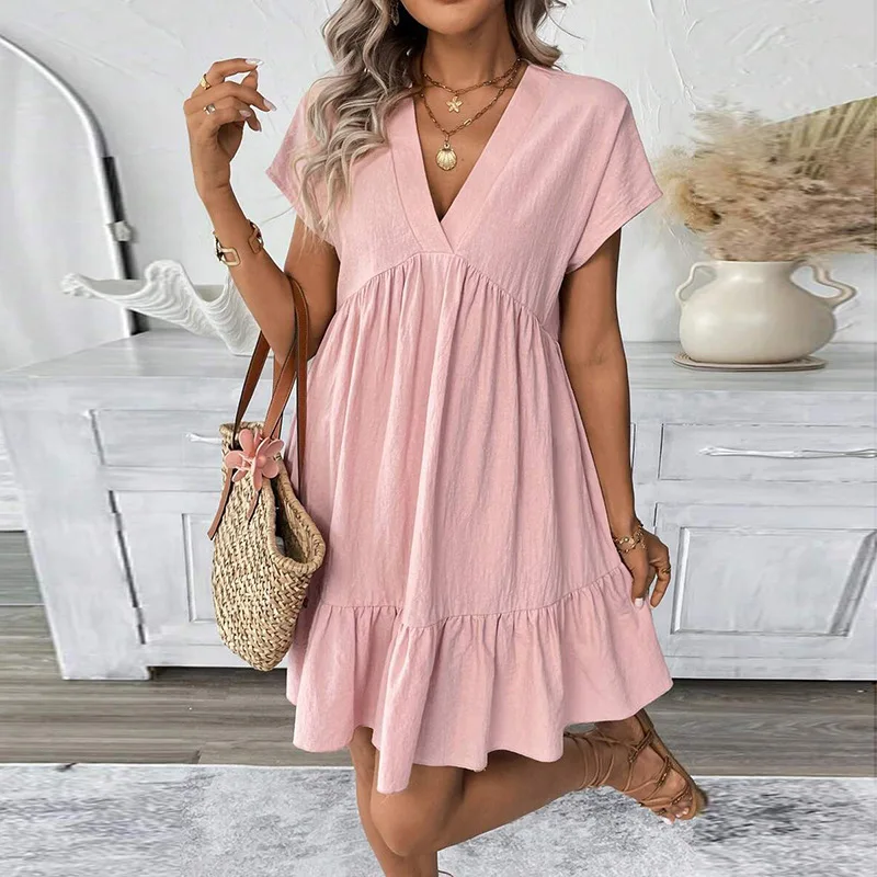 Vacation Style V-neck Dress Loose Midi Skirt Bell Sleeve Pure Color Casual Women's Fashion Street Wear Polyester Fabric