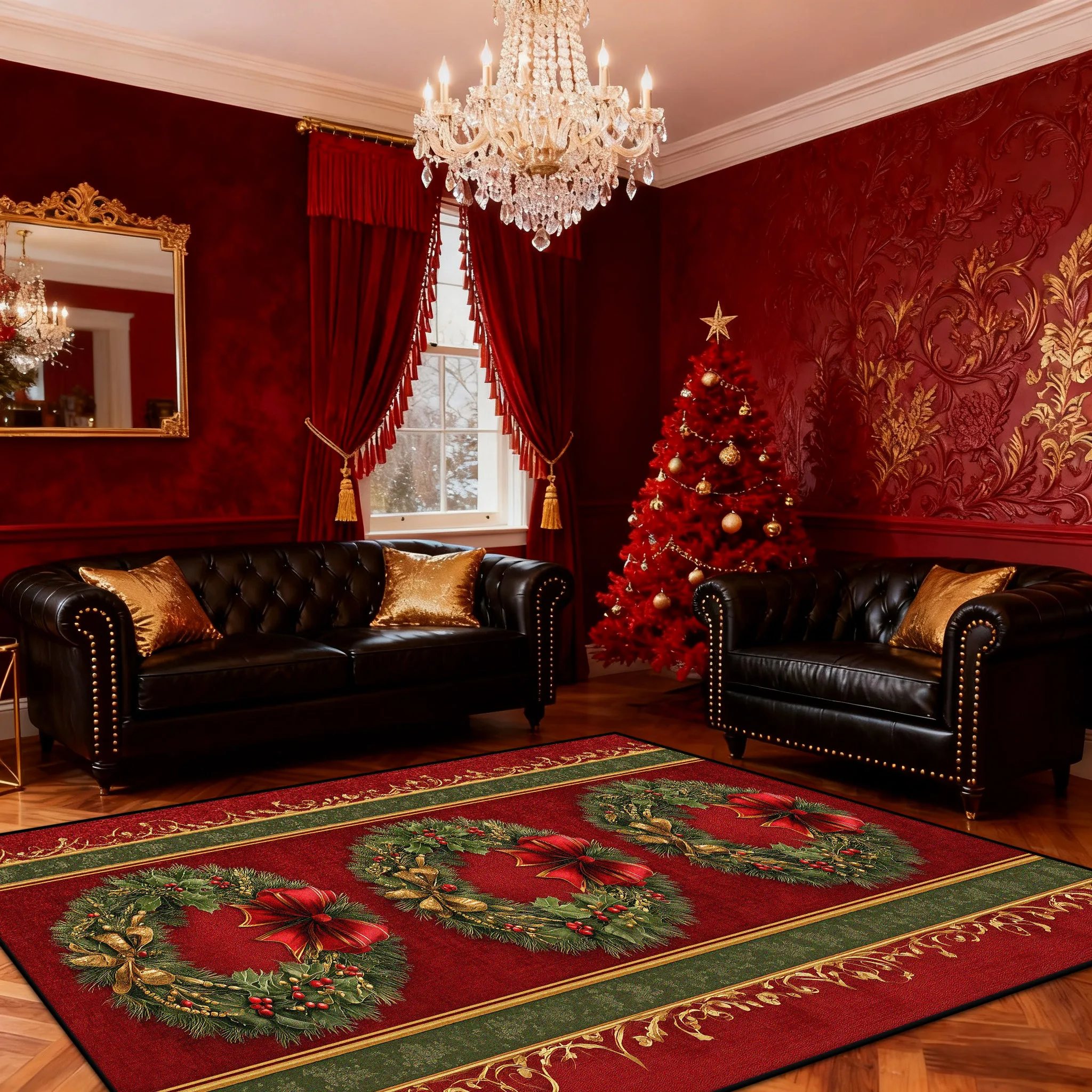 Garland Red Christmas Carpet Living Room Decoration Bedroom Soft Mat Bedside Non-slip Easy Clean Lounge Rug Entrance Door Mats
