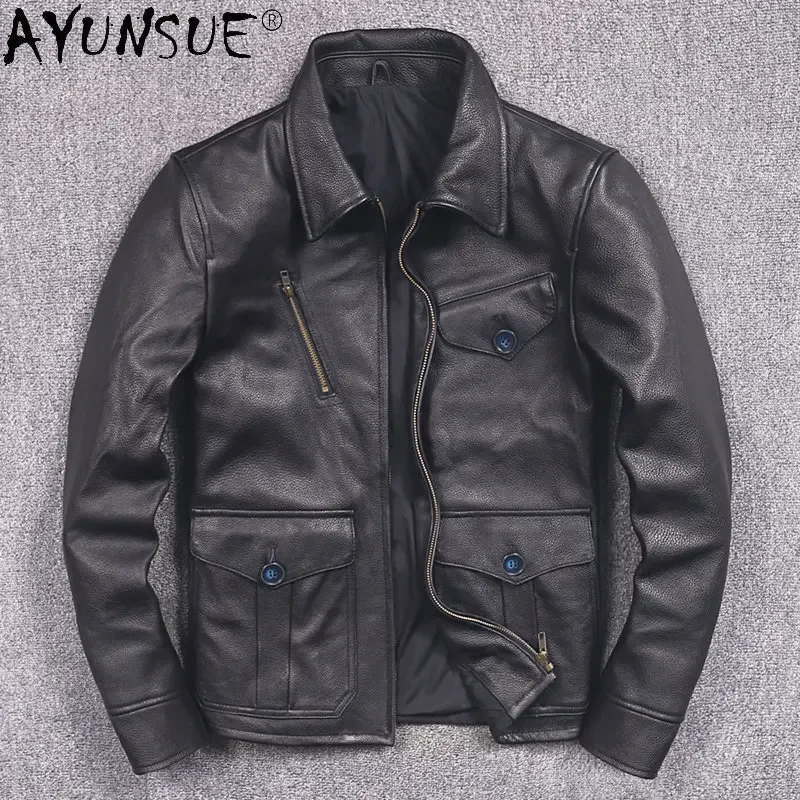 

AYUNSUE Mens Genuine Leather Jacket Autumn Motorcycle Real Cow Leather Coat Fashion Leather Jackets for Men Chamarras Hombre SGG