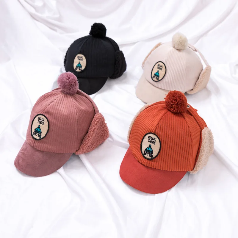 BELLBELL Autumn Winter Children Ushanka Hat Boys Fleece Baseball Cap Embroidered Lamb Fleece Warm Trapper Hat Girls Ear Flap Cap