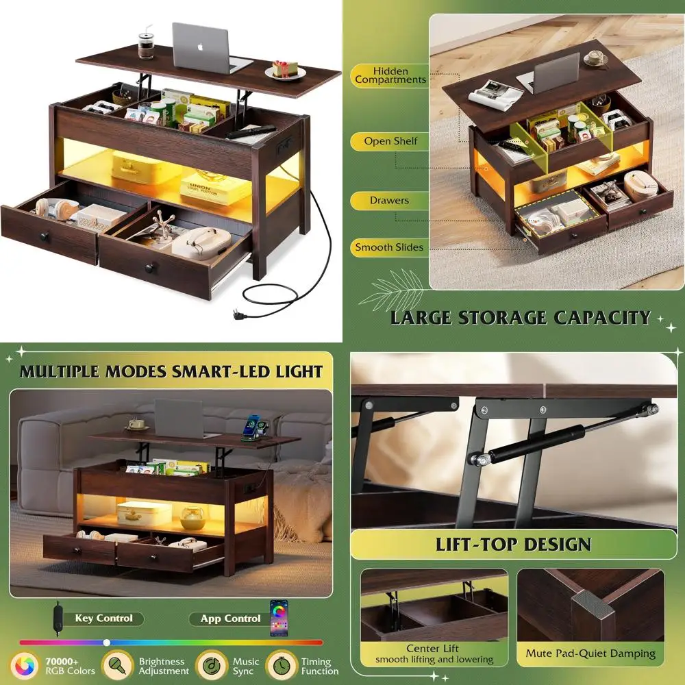 

Журнальный столик с подсветкой, 2 ящиками, вместительным хранилищем и открытой полкой для гостиной