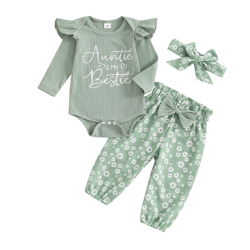 

3-Piece Baby Girls Set Letter Print Long Sleeve Round Neck Ruffled Ribbed Romper Floral Print Trousers Hair Band Outfits