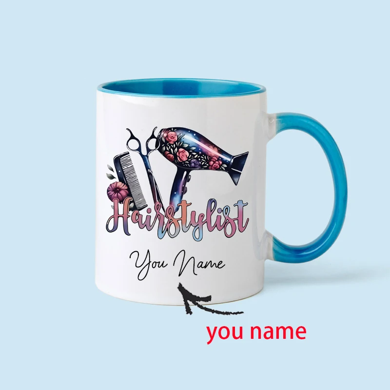 Creative hairstylist ceramic coffee mug (hair dryer and scissors design), customizable with name, a Thanksgiving souvenir.