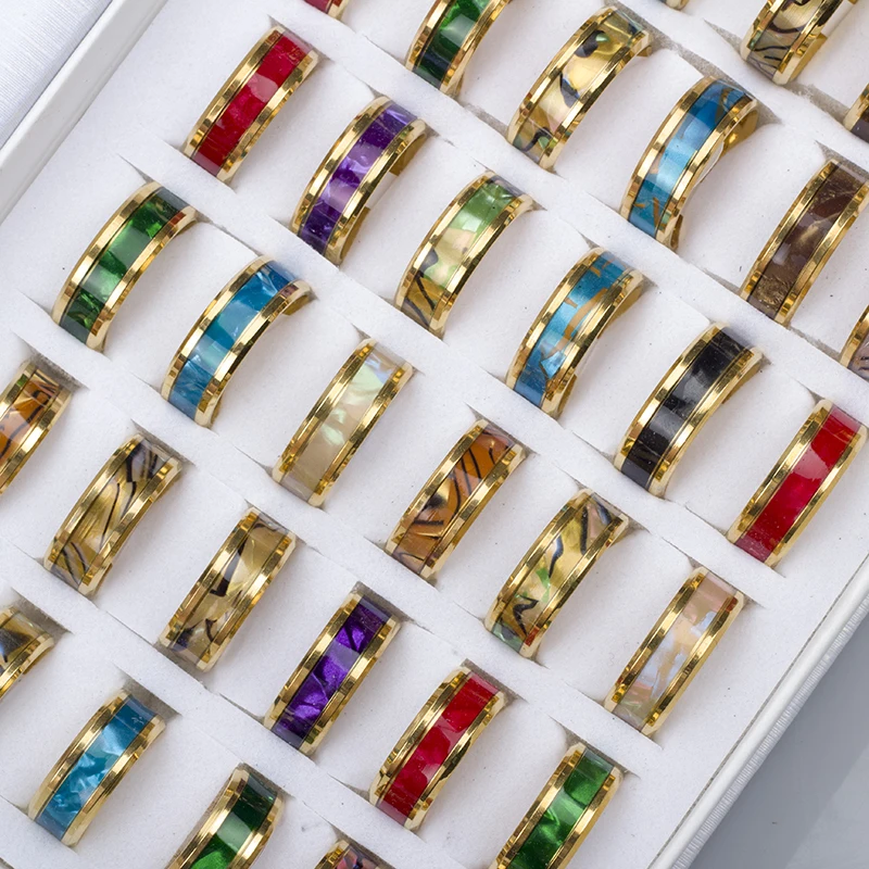 24 Pcs/Lot Fashion Sparkling Multicolor Shells Stainless Steel Rings For Women Men Mix Style Wedding Party Finger Jewelry