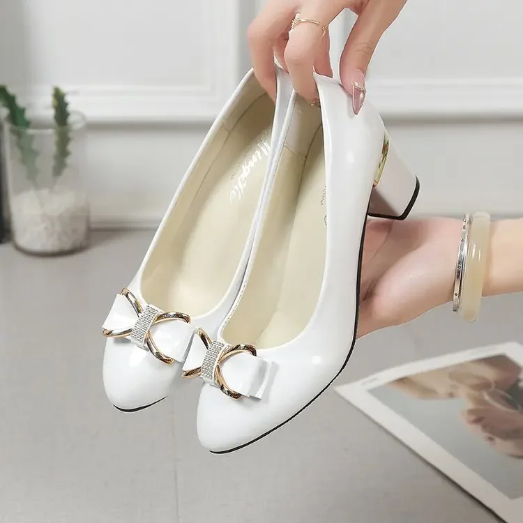

New Women's Slip-On Work Shoes Versatile Bowtie Large Size Professional High Heel Round Toe PU Leather Spring Autumn Footwear