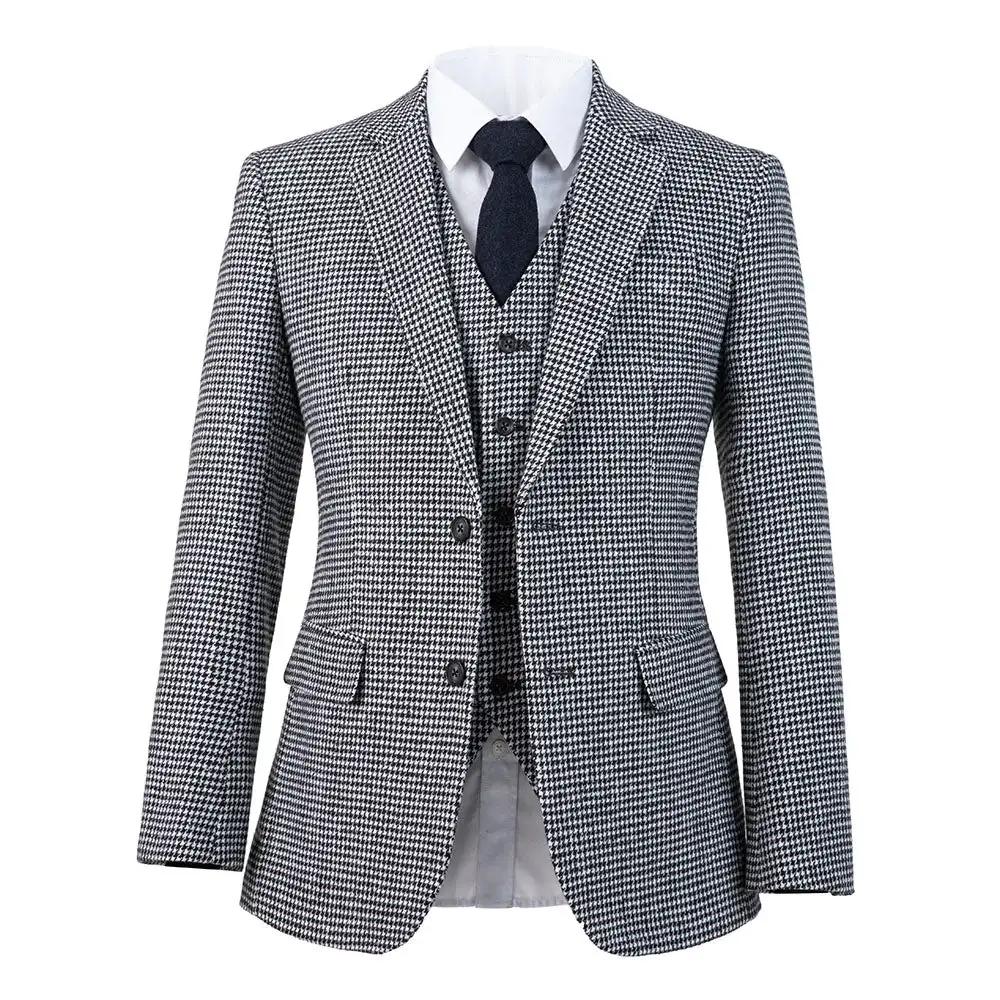 Houndstooth Men Suits For Wedding Notched Lapel Single Breasted Tuxedos Slim Fit 2 Pcs Jacket Vest Evening Party Custom Made