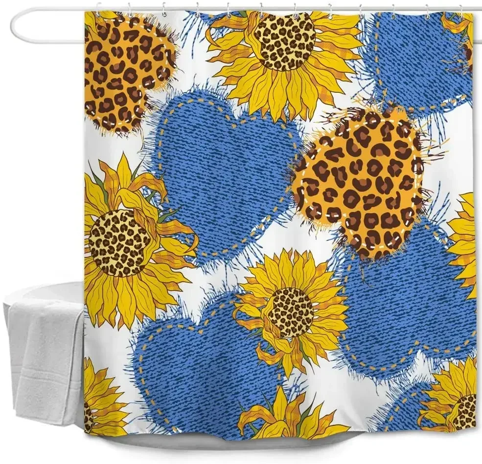 Soap Resistant Yellow Sunflowers Zebra Blue Heart Jeans Effect Plant Bathroom Curtain