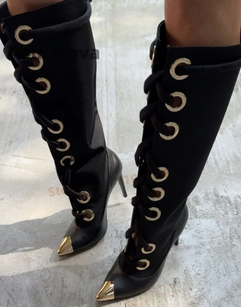 

Женские высокие сапоги на шнуровке с металлическими элементами, сексуальные, с острым носком, на тонком высоком каблуке, длинные, элегантные, для вечеринок