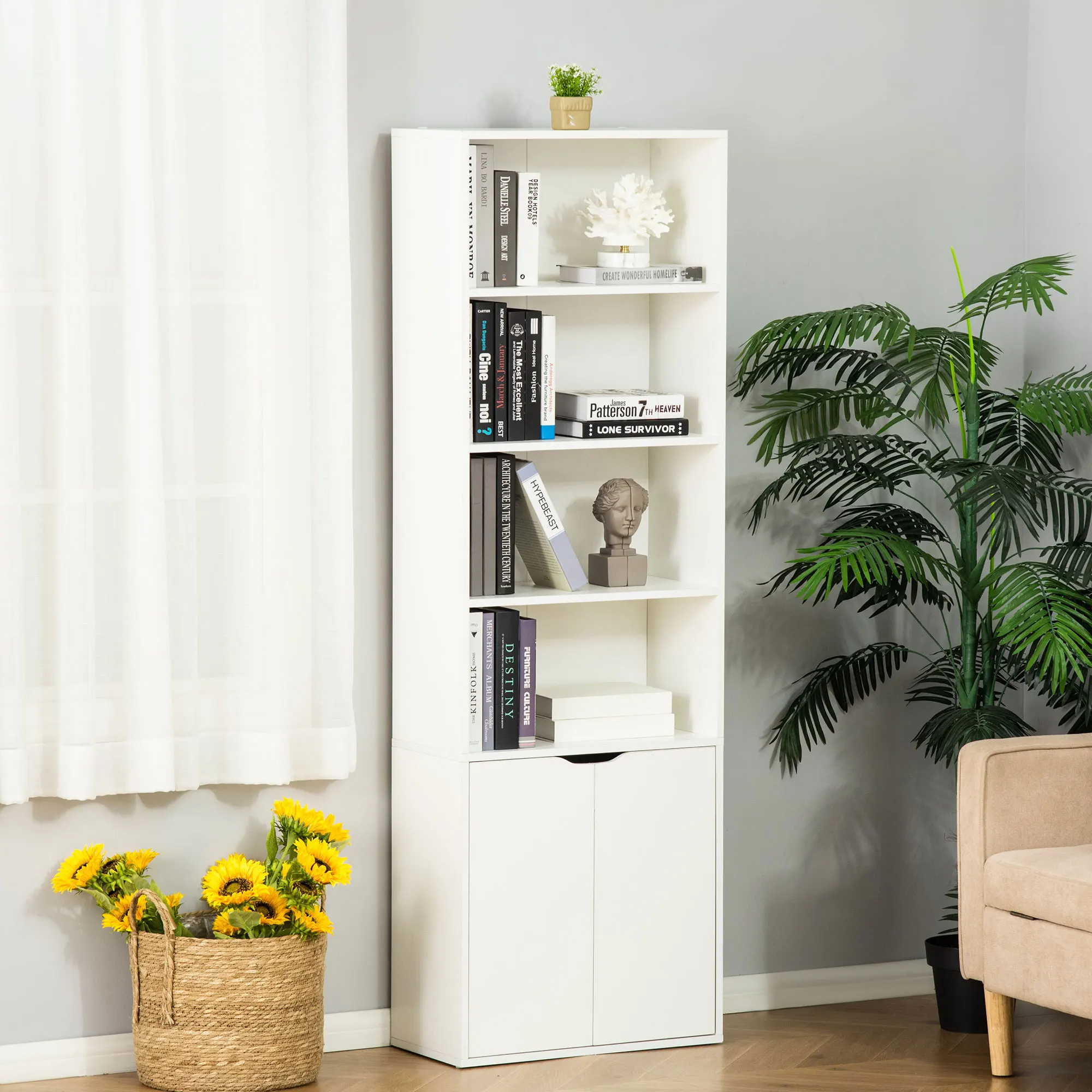 HOMCOM Estantería con 4 Compartimentos Abiertos 1 Armario 59x29x180 cm Blanco