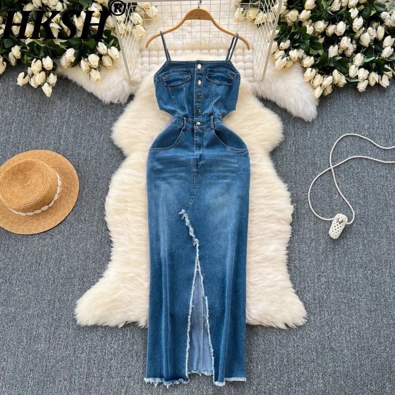 

Женское шикарное винтажное джинсовое платье HKSH с эффектом потертости, ретро-стилем, карманами, разрезом, приталенное, с завязками на талии, новое летнее платье HK19874