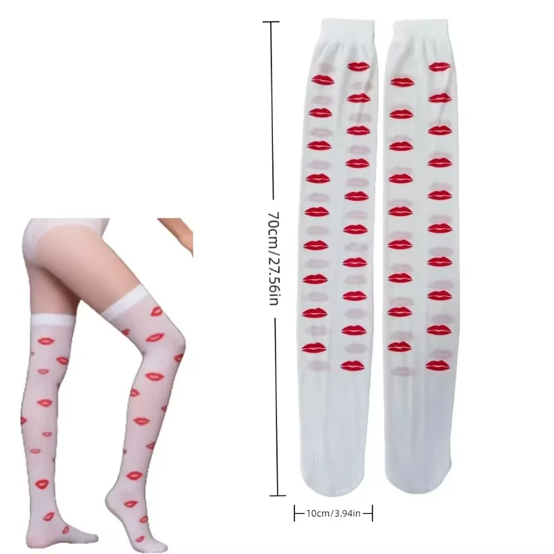 PESENAR Valentijnsdag witte rode lip bedrukte hoge sokken: met een flirterig en romantisch gevoel.