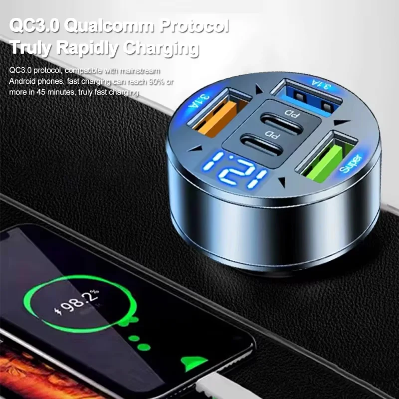 2026 5 Ports Car Charger Fast Charging PD QC3.0 USB C Car Phone Charger Adapter With Voltage For iPhone Samsung Huawei Xiaomi