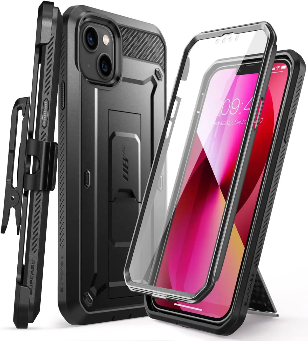 

Heavy Duty iPhone 13 Case with Built-in Screen Protector, Kickstand & Belt Clip - Military Drop Protection