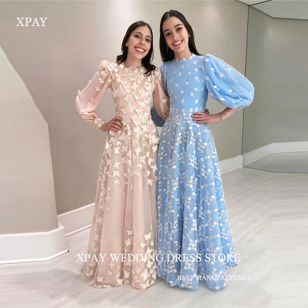 XPAY Elegant Light Blue Lace A Line Evening Dresses Arabic Women Puff Sleeves Jewel Neck Floor Length Prom Formal Occasion Dress