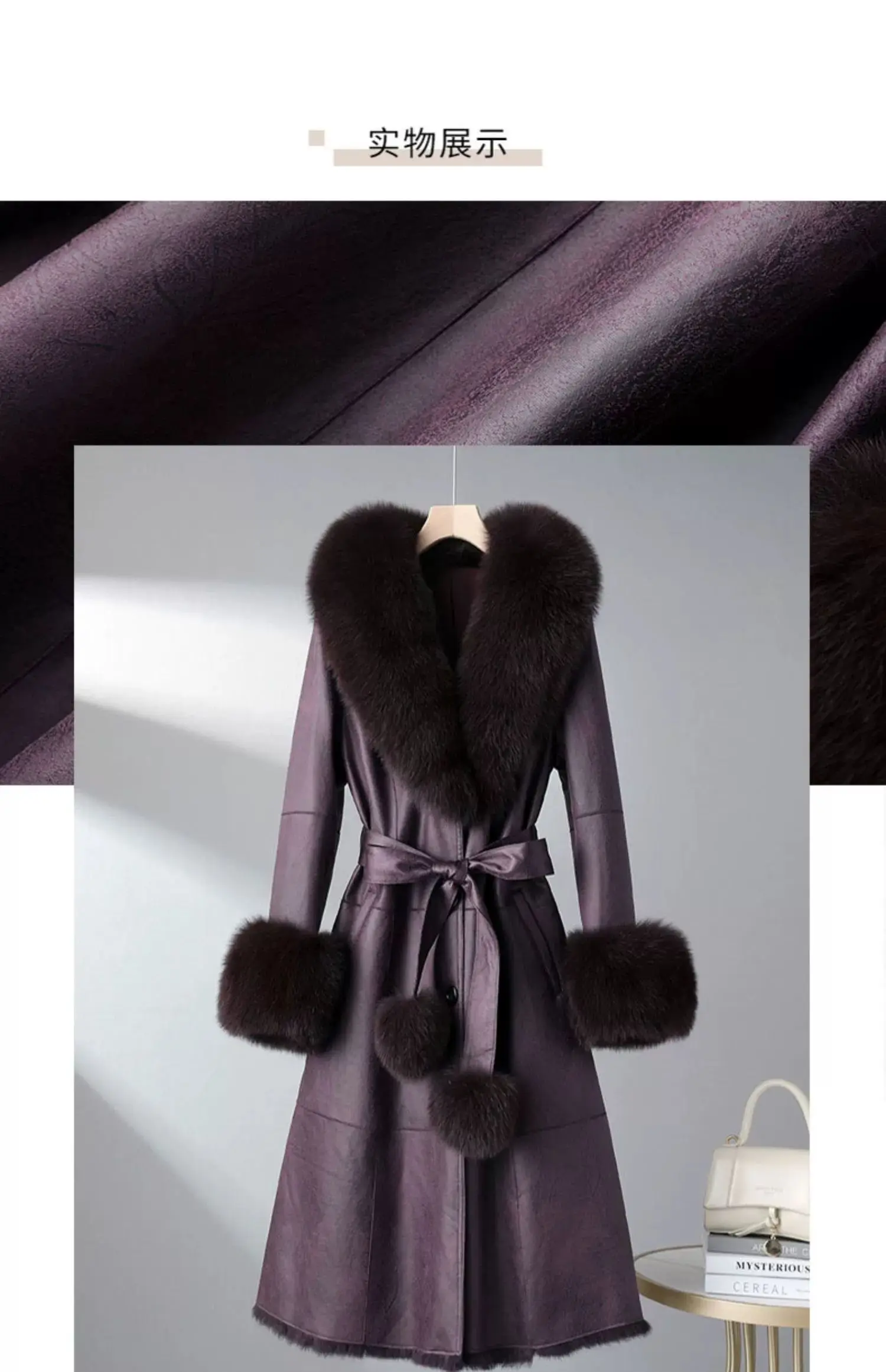 2023 New Rabbit Fur One Piece Coat for Women Mid length Fox Fur Collar Lace up Slim Fit Haining Fur Coat for Women