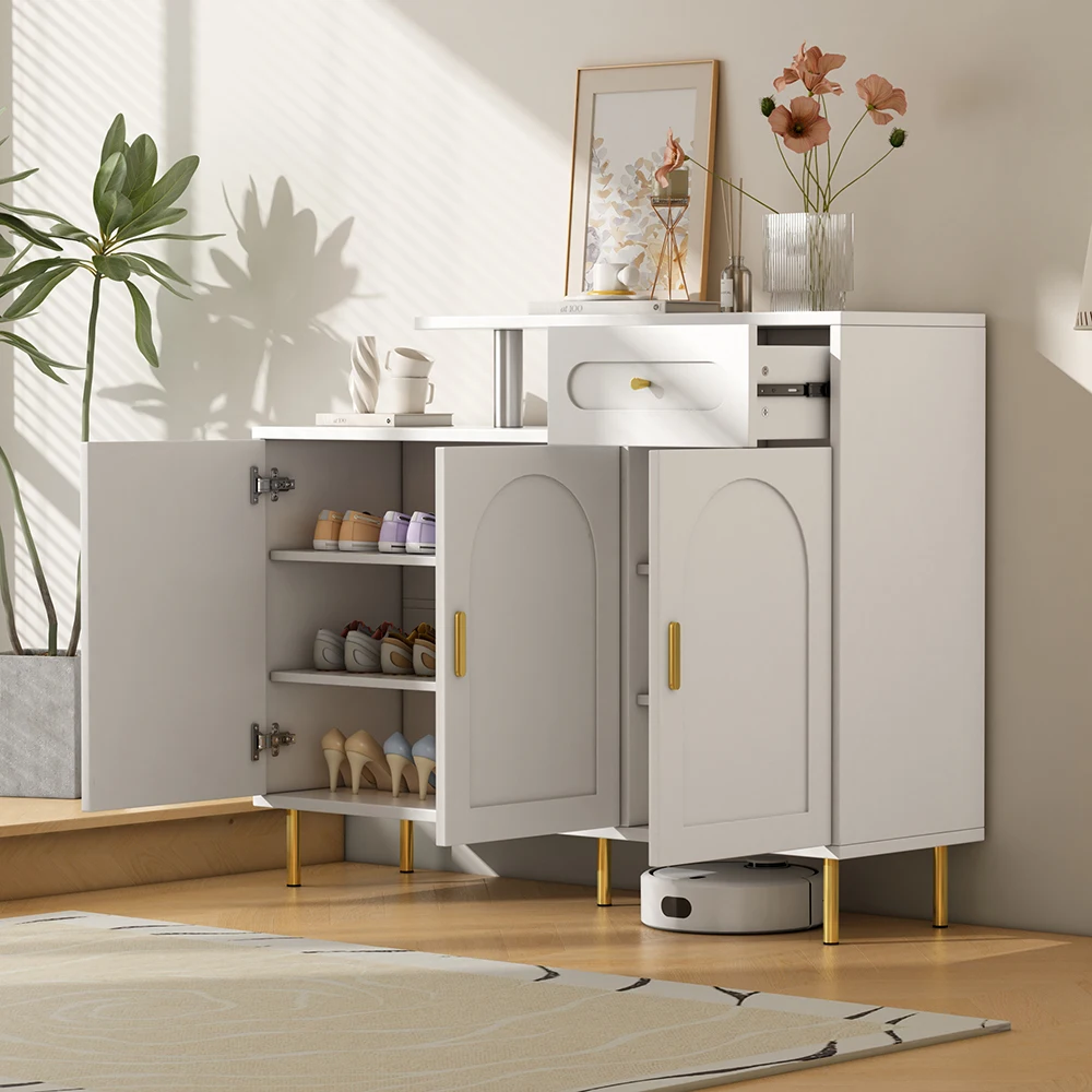 KOMHTOM Commode/descabeau/armoire à chaussures avec poignées métalliques, 1 tiroir et 3 portes sur pieds métalliques