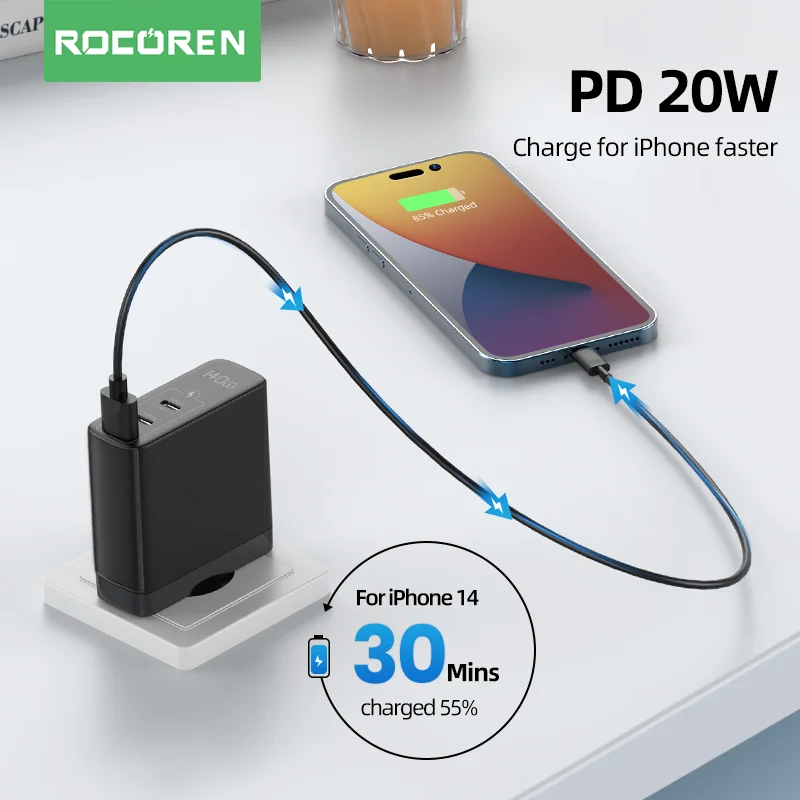 Rocoren 140W GaN USB Charger Type C PD 3.1 QC Quick Charge 4.0 3.0 USBC Fast Charging Charger For MacBook Pro iPhone 14 Laptop