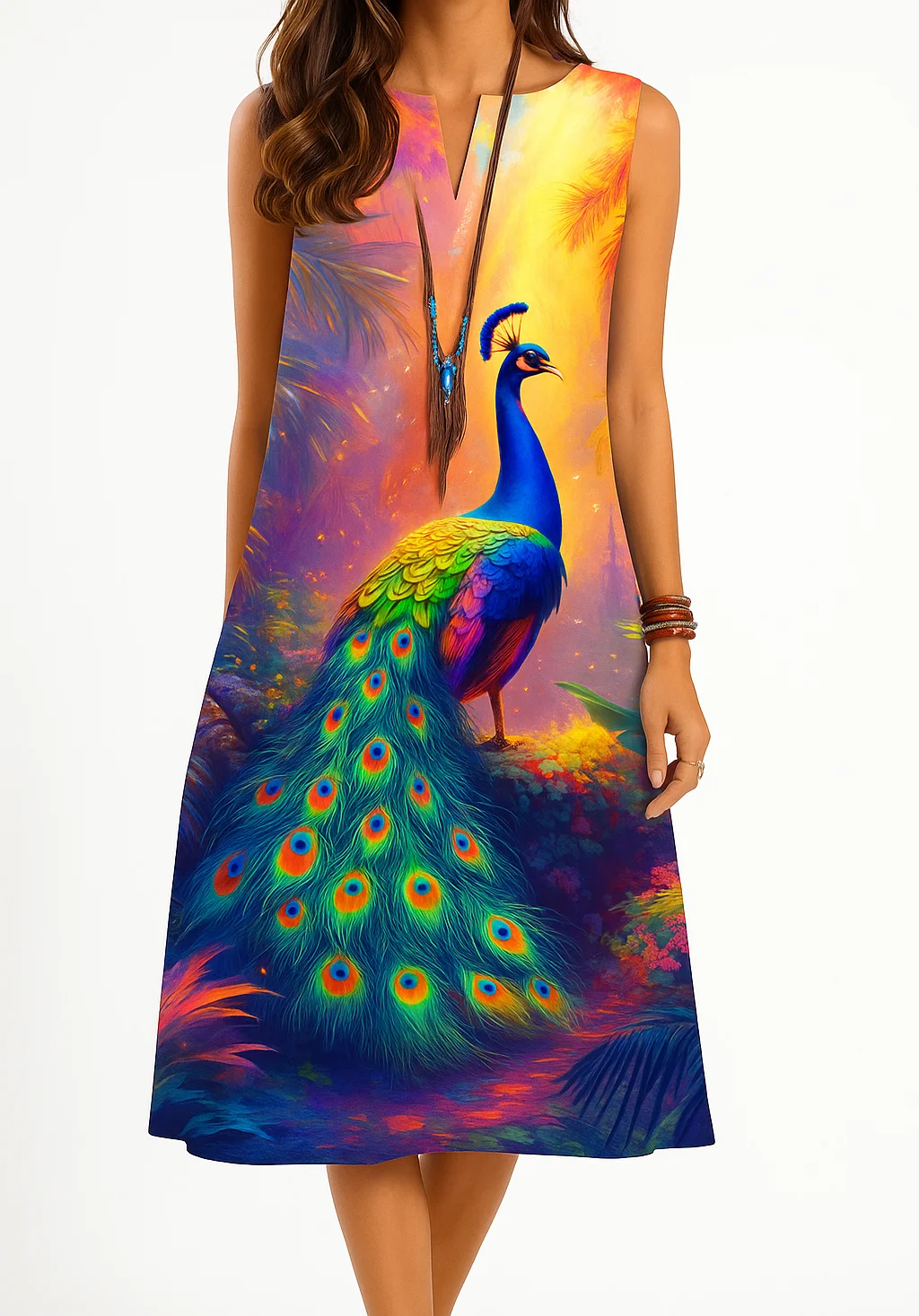 Dress kurt women's fashionable and elegant long sleeved straight tube casual V-neck peacock pattern noble skirt