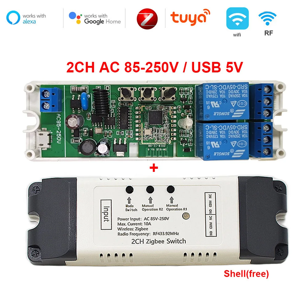 Zigbee Smart Switch 220V 2CH 1CH Relay Motor Module USB 5V AC DC 7-32V 85-250V RF433 Smart Light Controller Garage Door Opener