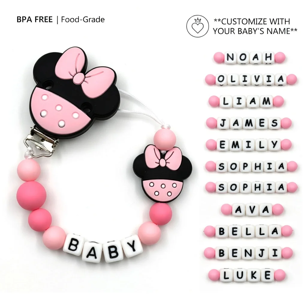 Mittsboy Custom Name Pacifier Clip | Cute Pink Bow Polka Dot Silicone Teether | Personalized BPA-Free Dummy Chain for Girls