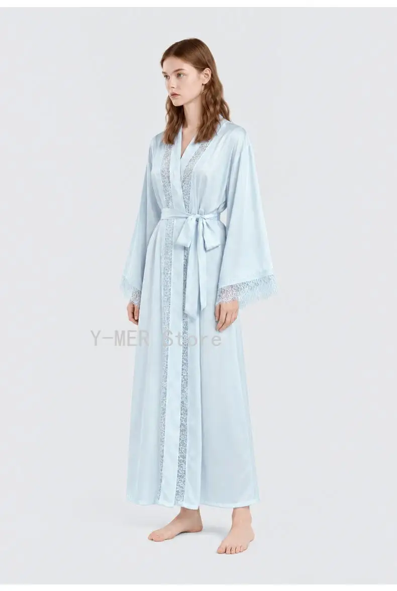 Elegant Luxury Spring Autumn Women Long Sleeve Robe, Lace Spliced Satin Chiffon Sleep Robe for Home Loungewear