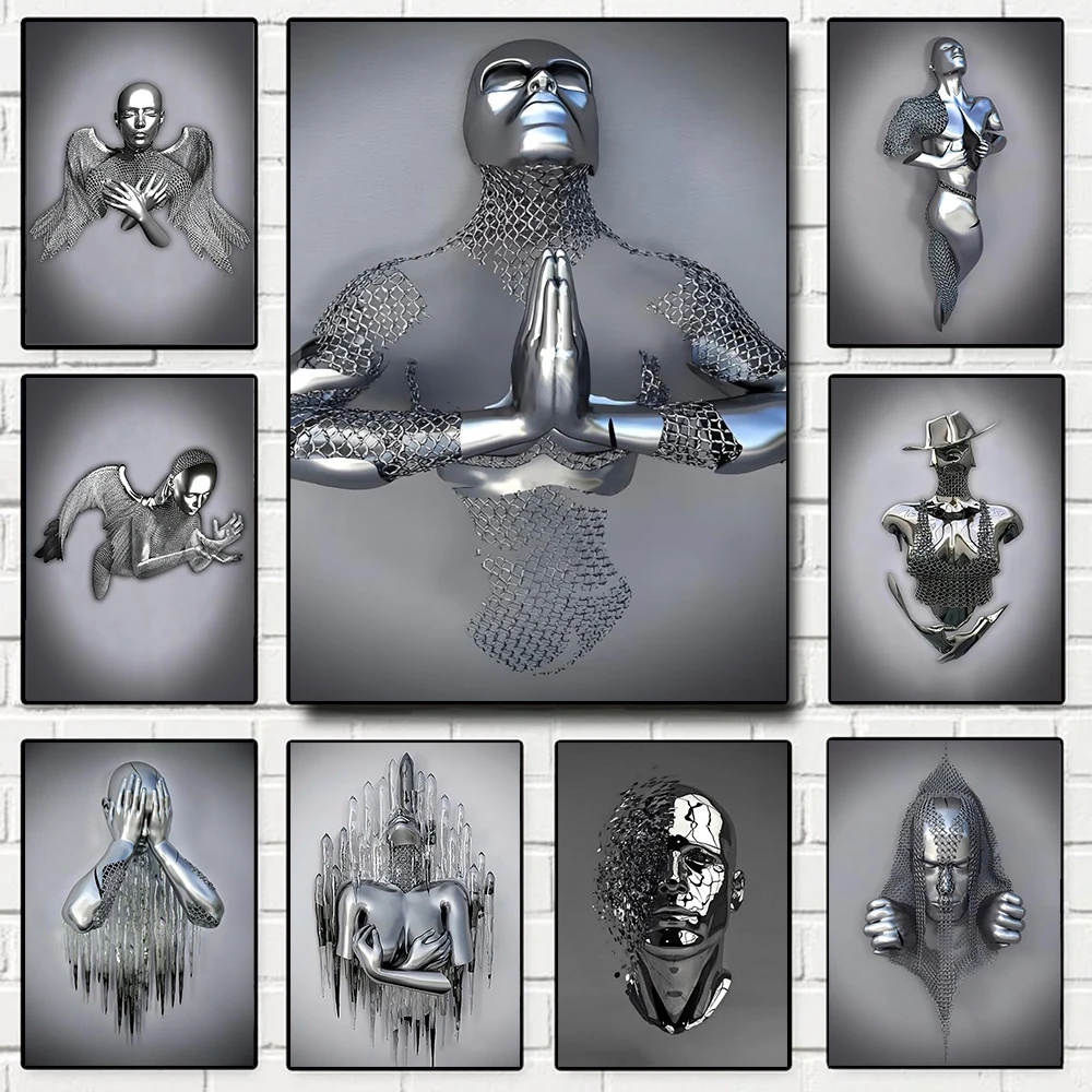 

Abstract Metal Figures Praying Holding Hands Wall Art Poster Modern Living Room Home Decor Canvas Painting Prints Picture Mural