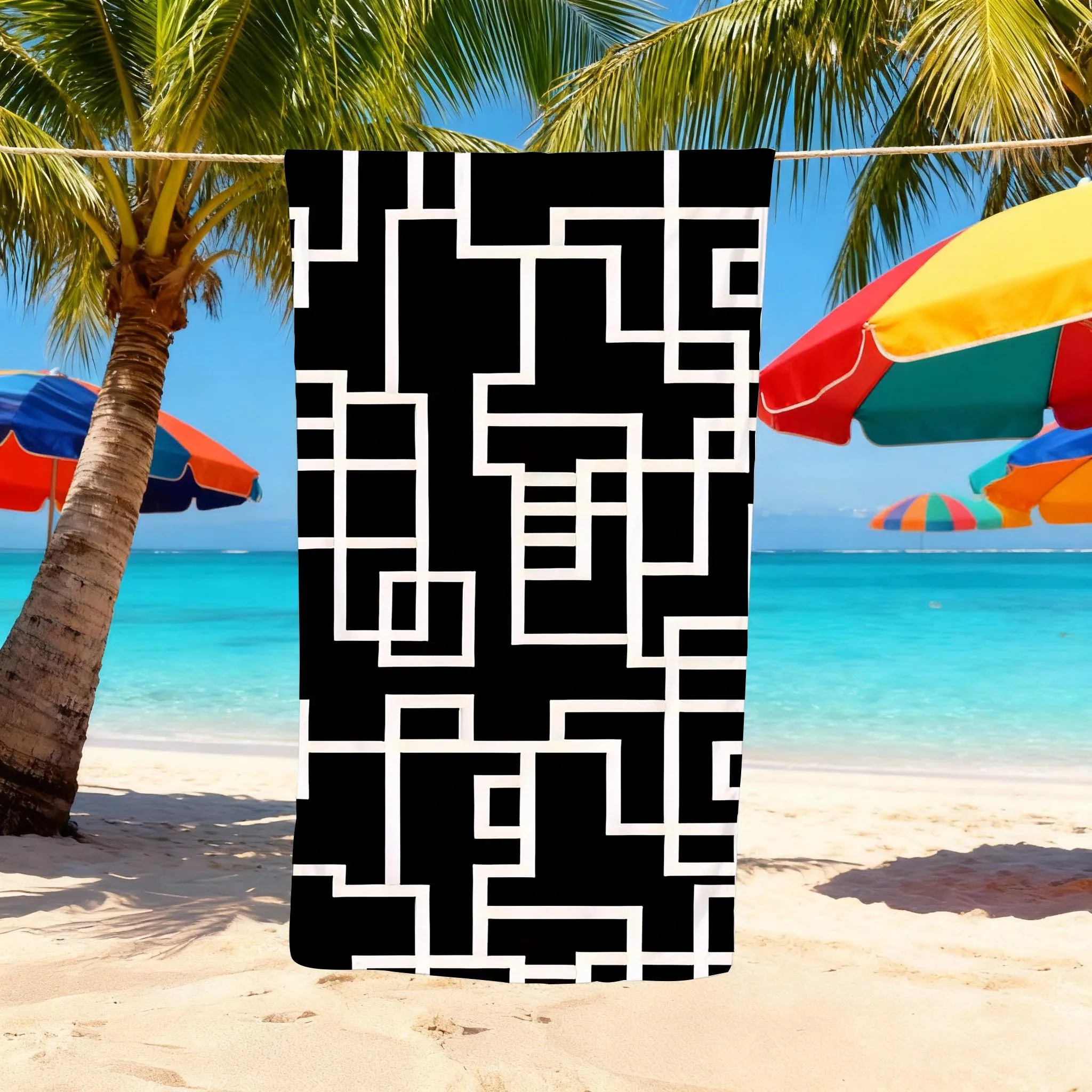 1PC Black White Geometric Maze Line Beach Towel Abstract Modern Block Stripe Minimalist Microfiber Quick Dry Sand Proof Large