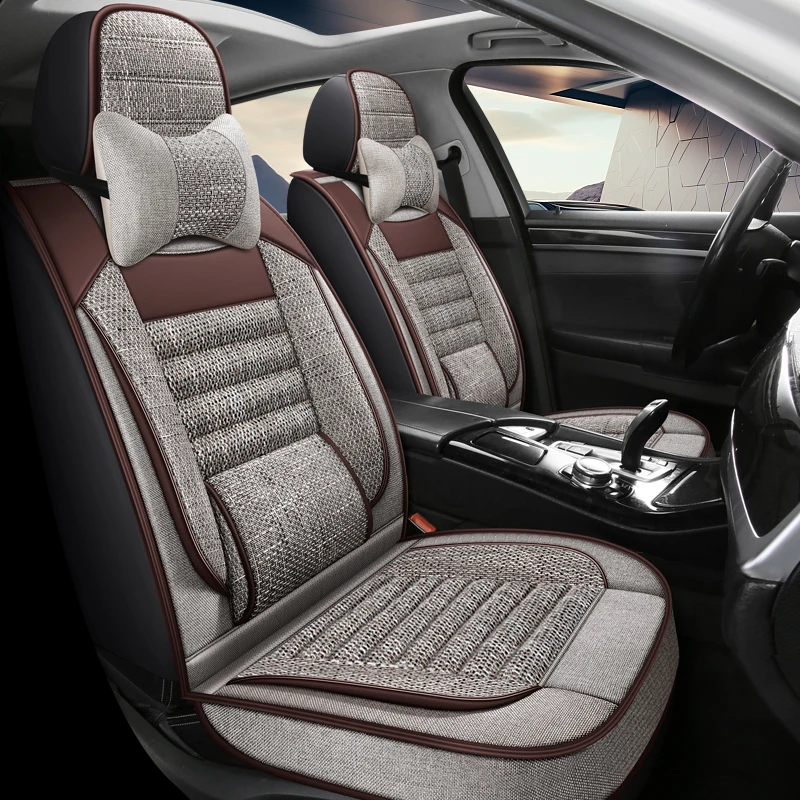 Front Row Double Seat, Luxurious Linen Fixed Lumbar Support Full-Cover Car Seat Cover, Universal, Comfortable, Breathable, Wear-Resistant, Suitable for All Seasons, Fits the Seat, with Three-Dimensional Fixed Lumbar Support, Paired with a Soft and Comfortable Headrest, Enhances Driving Experience, Fully Enveloping Car Seat Cushion, Suitable for Various Models Such as Sedans, Suvs, Trucks, Etc