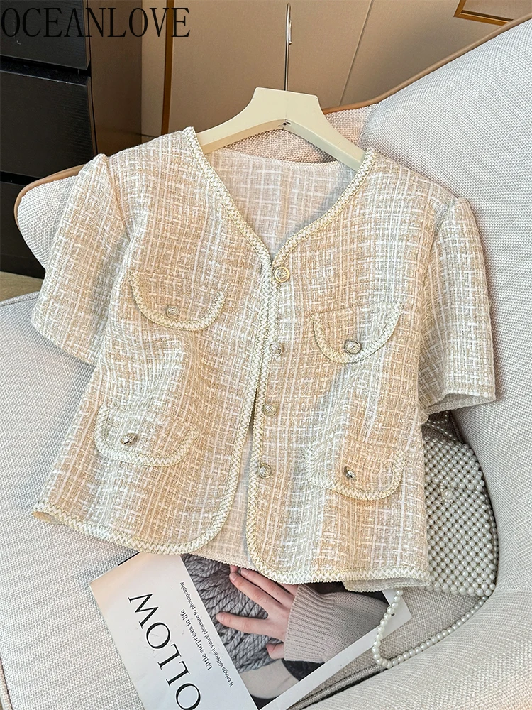 

OCEANLOVE Tweed Shirts&blouses Spring Summer Plaid Sweet Korean Fashion Blusas Mujer V Neck Elegant Chic Retro Camisas